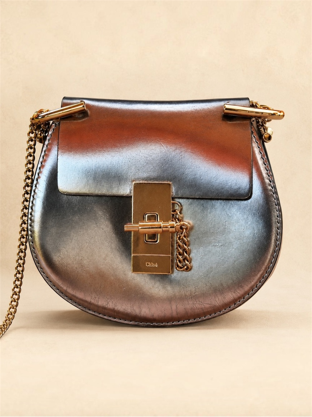 Chloé Drew Micro Metallic Silver Leather Crossbody Bag Gold Hardware Italy